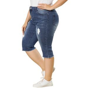 Plus Size Jeans Women Ripped Slash Pocket Raw Hem Denim Capri Blue
